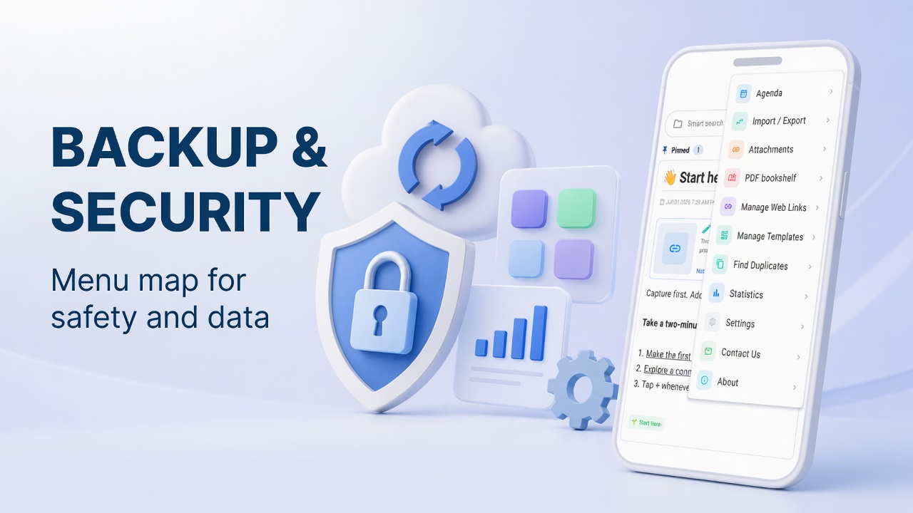 DicaNote features: menu, backup, security and personalization
