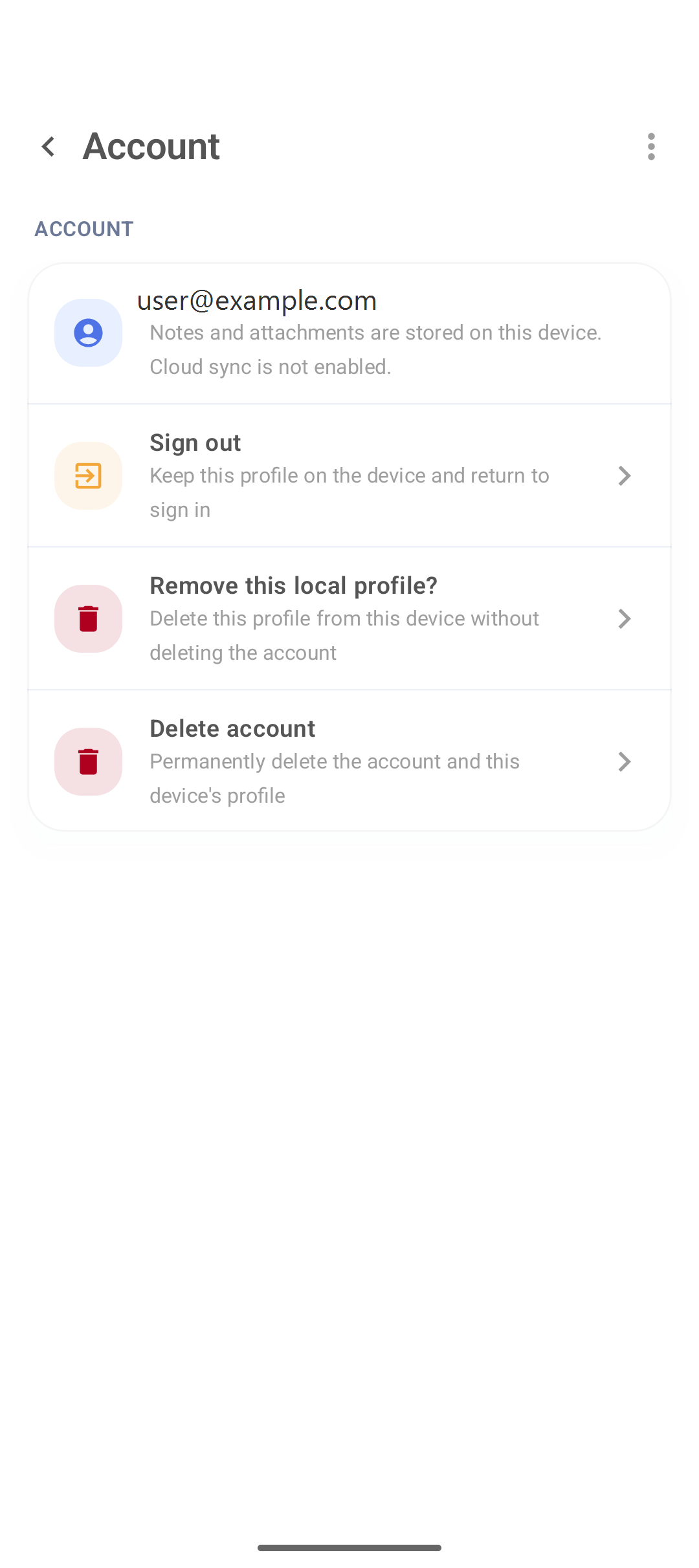 Account with user@example.com, Sign out and Delete account