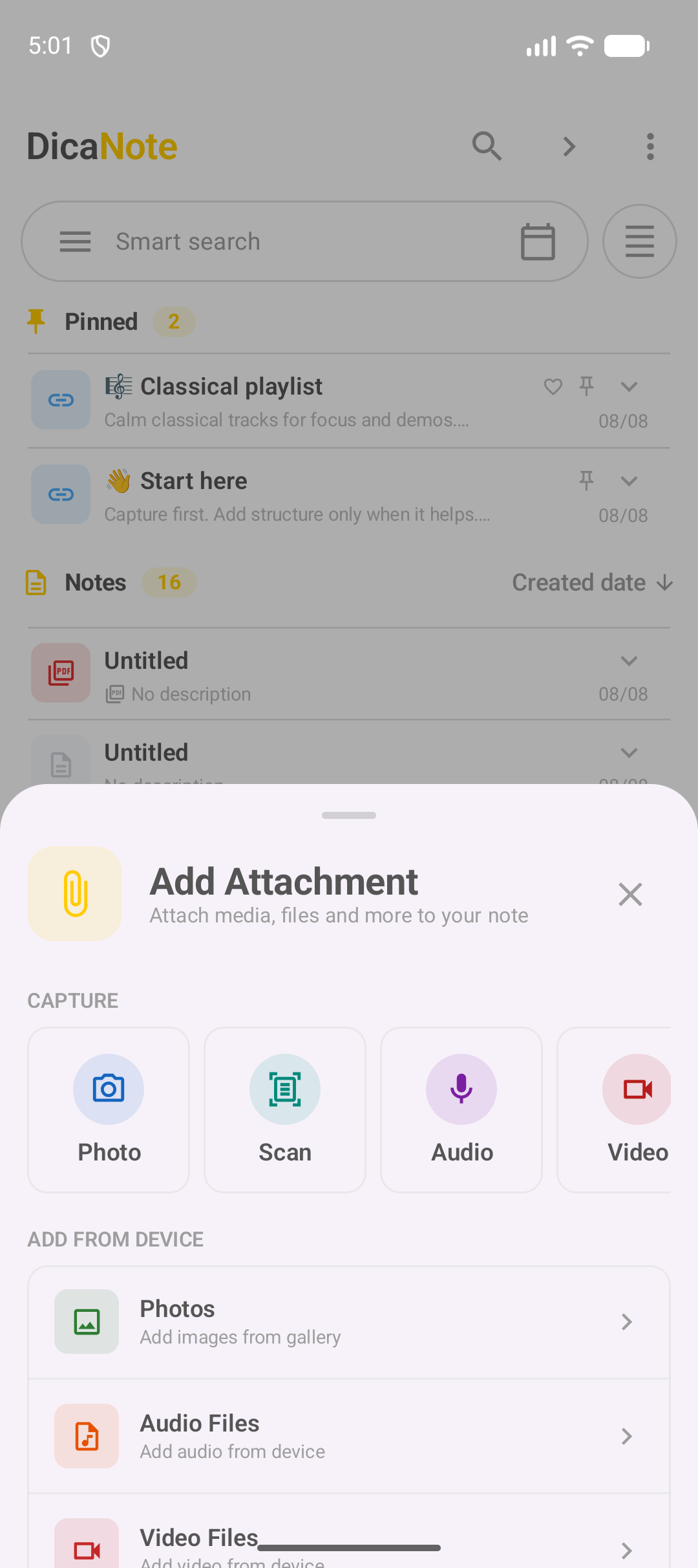 DicaNote Add Attachment panel with Capture and file list