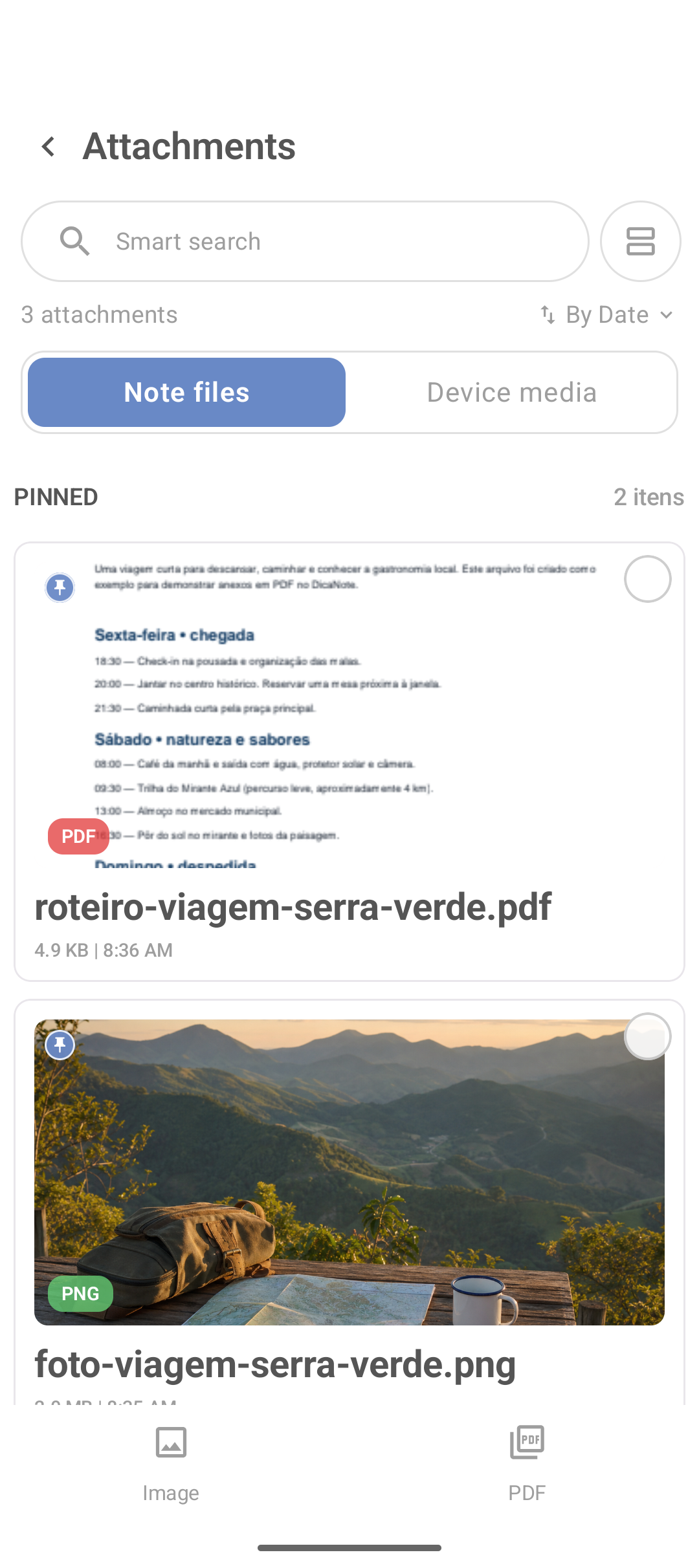 DicaNote attachments screen with search and file tabs