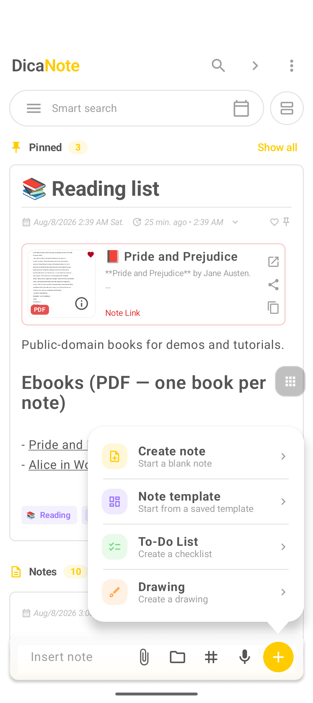 DicaNote create menu