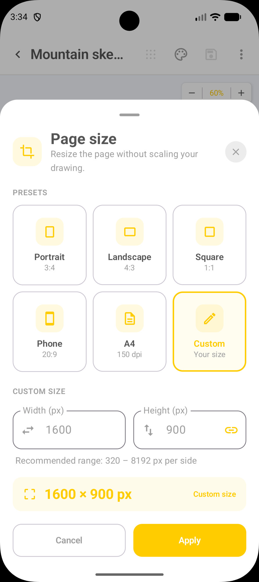 DicaNote Page size panel with Portrait, Landscape, Square, Phone, A4 and Custom presets