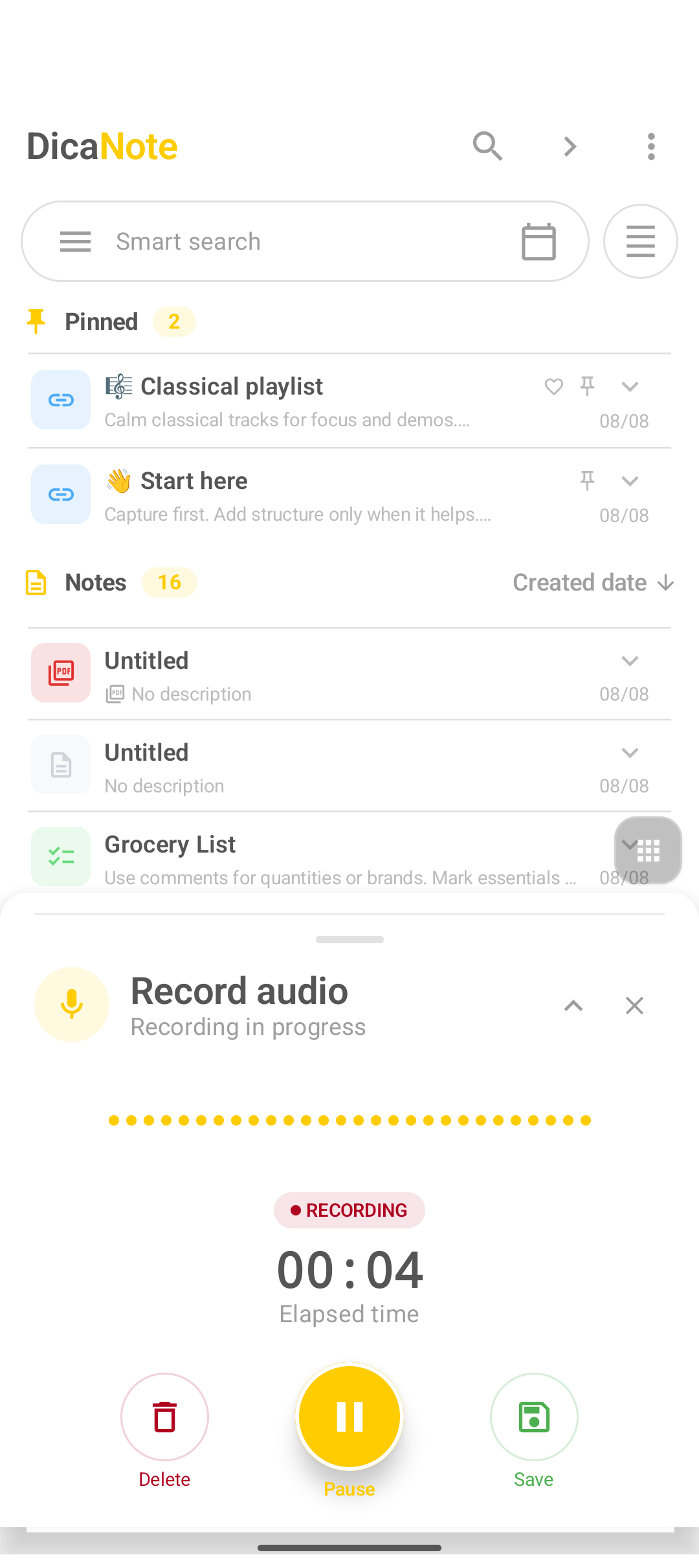 DicaNote recorder with RECORDING status
