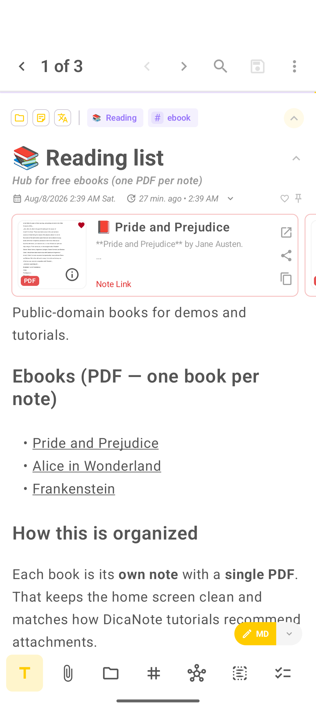 Note with Reading category and ebook tag