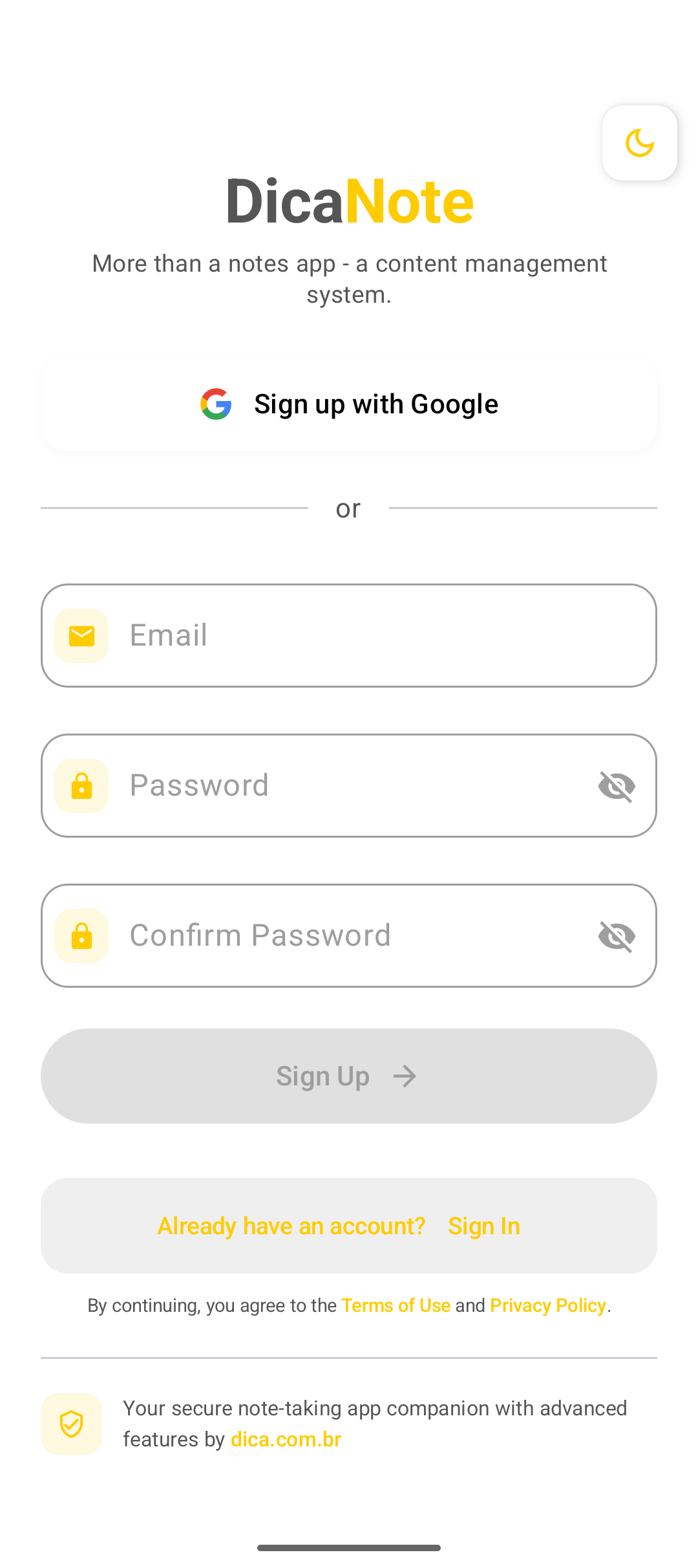DicaNote welcome or onboarding screen
