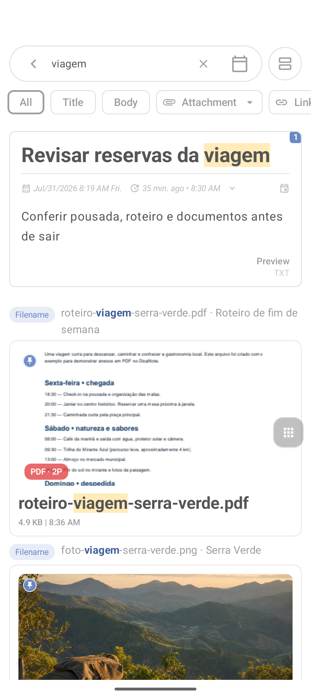 Search results in DicaNote