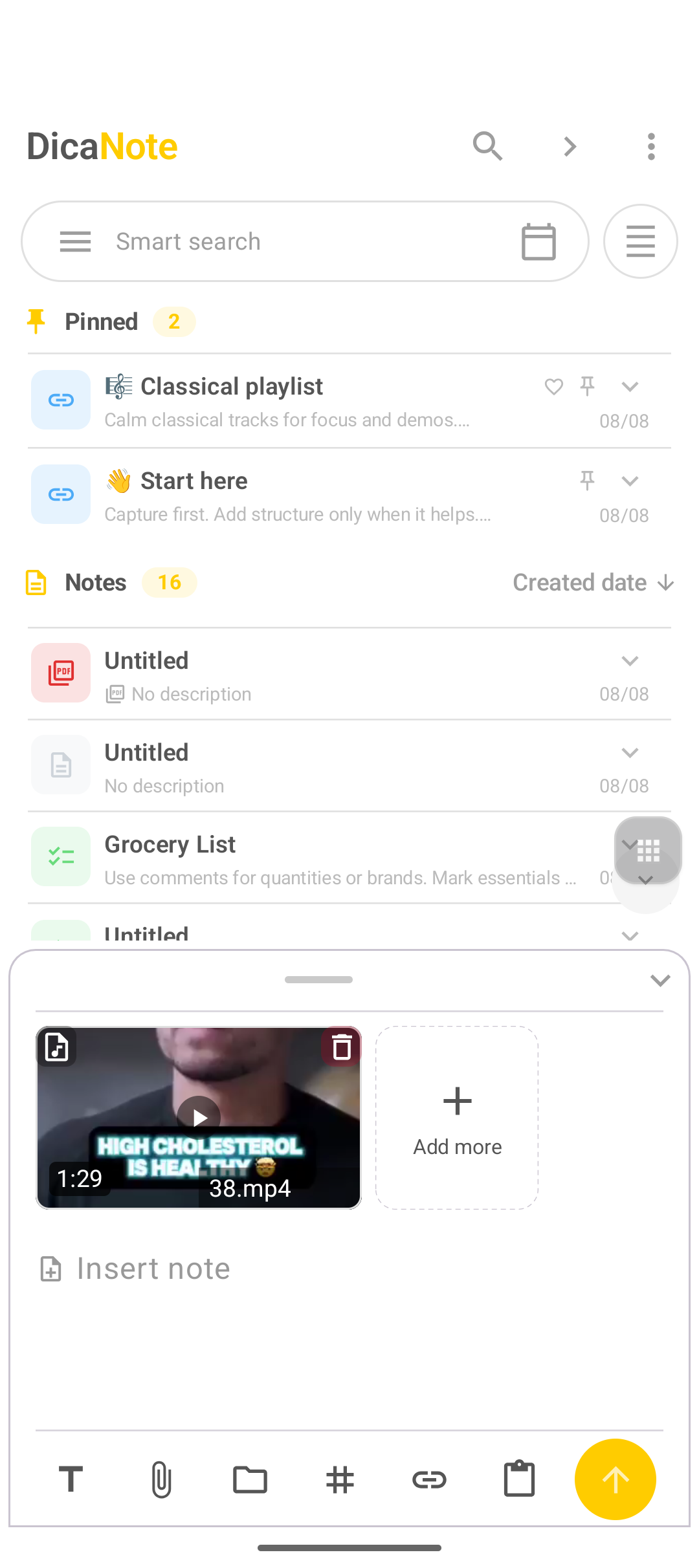 DicaNote note with attached MP4 video, duration and Add more button